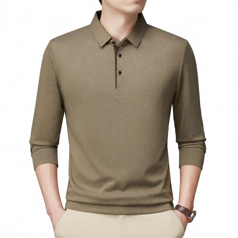 Men's Long Sleeve Polo Shirt Business Casual Seamless Ice Silk Print Top - Image 1