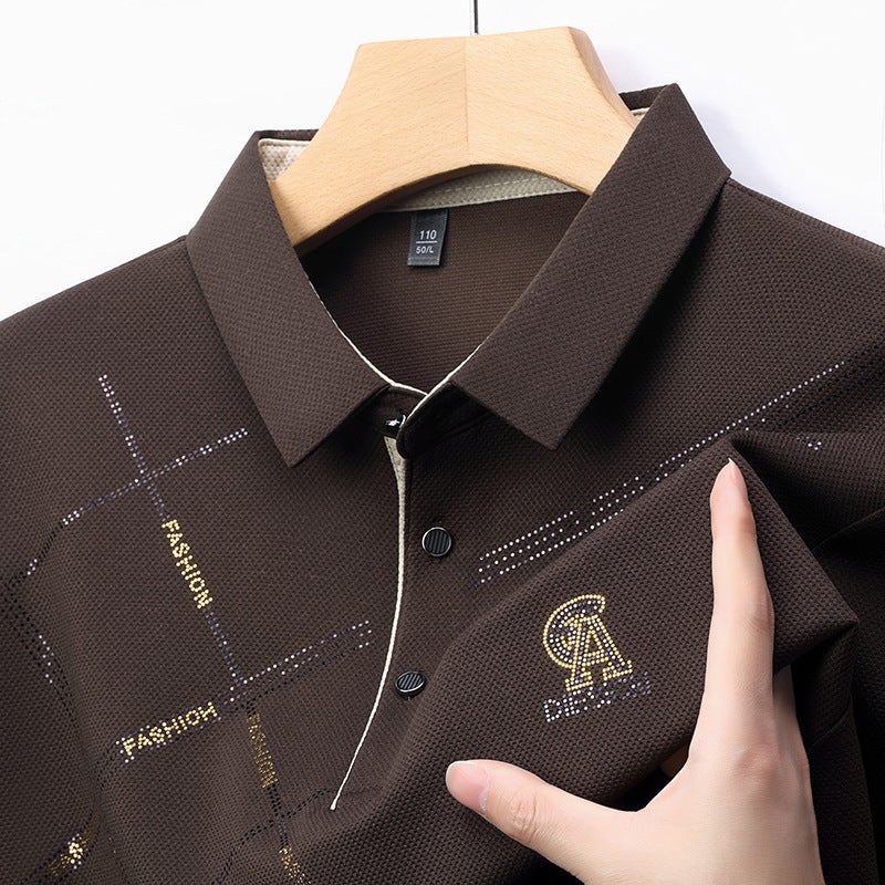 Men's Long Sleeve Polo Shirt Business Casual Seamless Ice Silk Print Top - Image 2