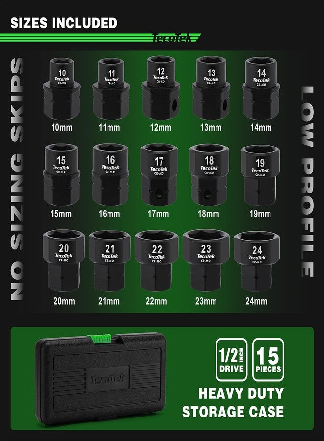 TecoTek 15-Piece 1/2-Inch Drive Metric Low Profile Impact Socket Set, Stubby Socket Set, 10mm-24mm, No Skips Sizes, 6 Point, Cr-Mo, Shorter Socket for Tight Areas - Image 2