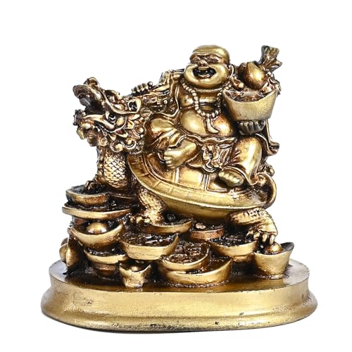 HindCraft Laughing Buddha for Good Luck | Feng Shui Buddha Idol | Golden Buddha on Dragon with Ingot | Wealth & Happiness Symbol | Home & Office Decor | Wedding & Housewarming Gifts for Men & Women - Image 1