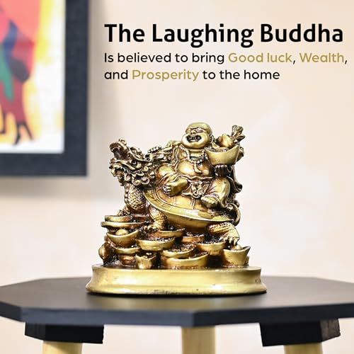 HindCraft Laughing Buddha for Good Luck | Feng Shui Buddha Idol | Golden Buddha on Dragon with Ingot | Wealth & Happiness Symbol | Home & Office Decor | Wedding & Housewarming Gifts for Men & Women - Image 2