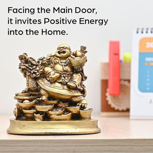 HindCraft Laughing Buddha for Good Luck | Feng Shui Buddha Idol | Golden Buddha on Dragon with Ingot | Wealth & Happiness Symbol | Home & Office Decor | Wedding & Housewarming Gifts for Men & Women - Image 3