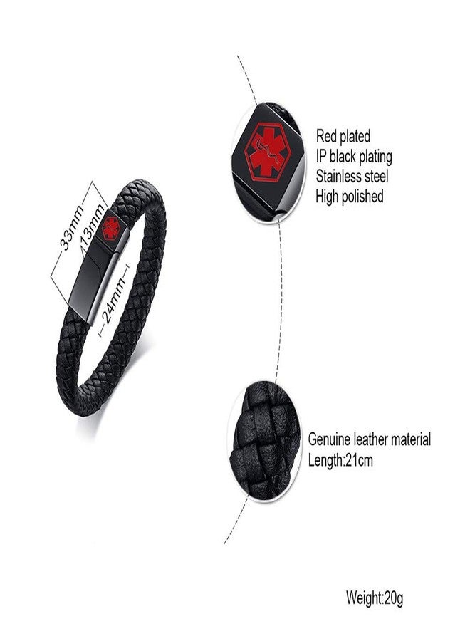 VNOX WARFARIN Pre-Engarved Medical Alert Emergency Jewelry-Black Braided Leather Medical Symbol Caduceus with Stainless Steel Cuff Wristband Bracelet,8.2" - Image 2