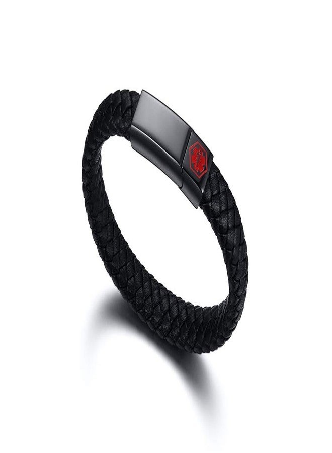 VNOX WARFARIN Pre-Engarved Medical Alert Emergency Jewelry-Black Braided Leather Medical Symbol Caduceus with Stainless Steel Cuff Wristband Bracelet,8.2" - Image 3