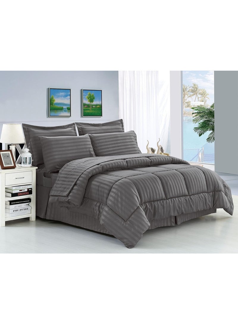 3 Piece Double Size Hotel Duvet Set Stripe Set 200 x 220 cm - 1 Duvet With Filling, 1 Fitted Bed Sheet and Pillow Cases 48x74+5cm - Quilt Set, Dark Gray - Image 1