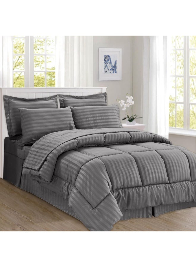 3 Piece Double Size Hotel Duvet Set Stripe Set 200 x 220 cm - 1 Duvet With Filling, 1 Fitted Bed Sheet and Pillow Cases 48x74+5cm - Quilt Set, Dark Gray - Image 5