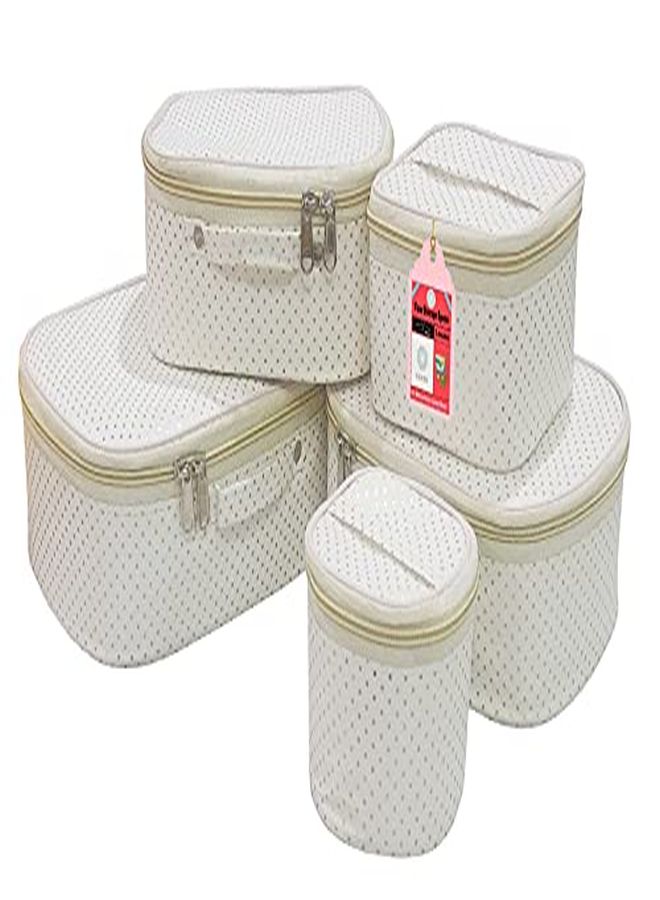 Luces 5 Pc Different Sizes Fabric Bag Set, Purse Size Makeup Organizer Bag For Women Toiletry Travel Bag Cosmetic Bag Storage Box Shaving Kit Toiletry Bag Wardrobe Organizer Jewellery Pouch (Cream)  - Image 5