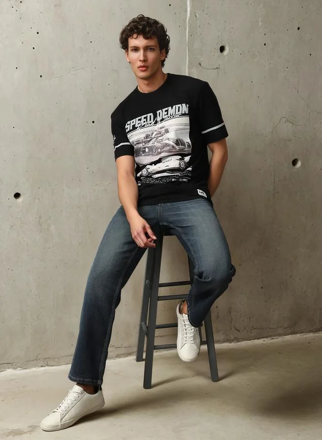 هاي ستار تيشيرت قطن رجالي مطبوع برسومات سباق الفورمولا 1 بقصة مريحة