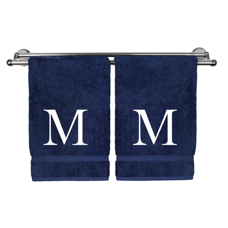 BC BARE COTTON Monogrammed Hand Towel  Personalized Gift  Set of 2- White Block Letter Embroidered Towel - Extra Absorbent 100% Turkish Cotton - Soft Terry Finish - Initial M Navy - Image 1