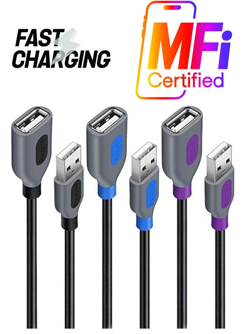 فاسجير كابل تمديد USB 2.0، 3 حزم 6 أقدام ذكر إلى أنثى للشحن والمزامنة سلك موسع USB (أسود وأرجواني وأزرق) - Image 1
