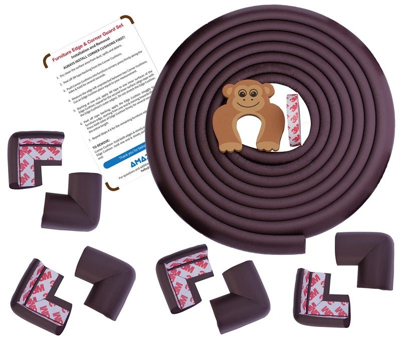 AMAZARA Baby Proofing Edge & Corner Guards | Extra Long 16.4Ft Edge + 8 Pre-Taped Corner Protectors | Child Safety Furniture Cushions | Brown - Image 1
