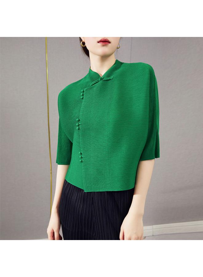 Chinese Style Pleated Top T-shirt Women's Spring And Summer New Design Niche Retro Buckle Five-point Sleeve Cardigan
