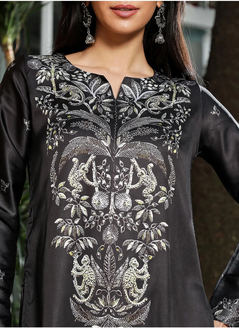 QISSA Women's Midnight Black Ethnic Wilderness Kurti With Trousers & Dupatta