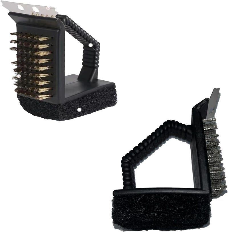 3-in-1 Barbecue Cleaning Assistant Set - 2 Pack Grill Brush with Stainless Steel Scraper, Brass Wire Brush & Sponge - Image 1