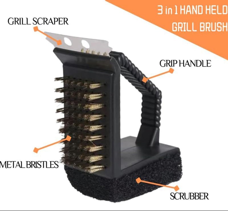 3-in-1 Barbecue Cleaning Assistant Set - 2 Pack Grill Brush with Stainless Steel Scraper, Brass Wire Brush & Sponge - Image 2