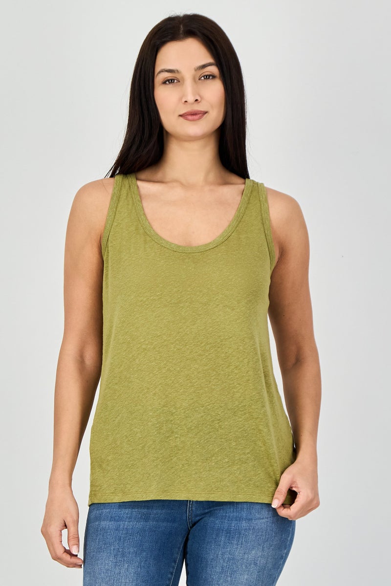promod Women U-Neck Sleeveless Plain Top, Olive - Image 1