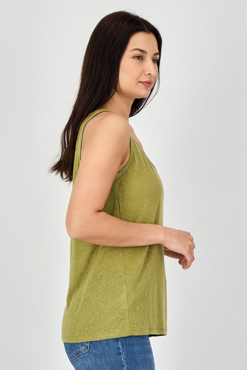 promod Women U-Neck Sleeveless Plain Top, Olive - Image 2