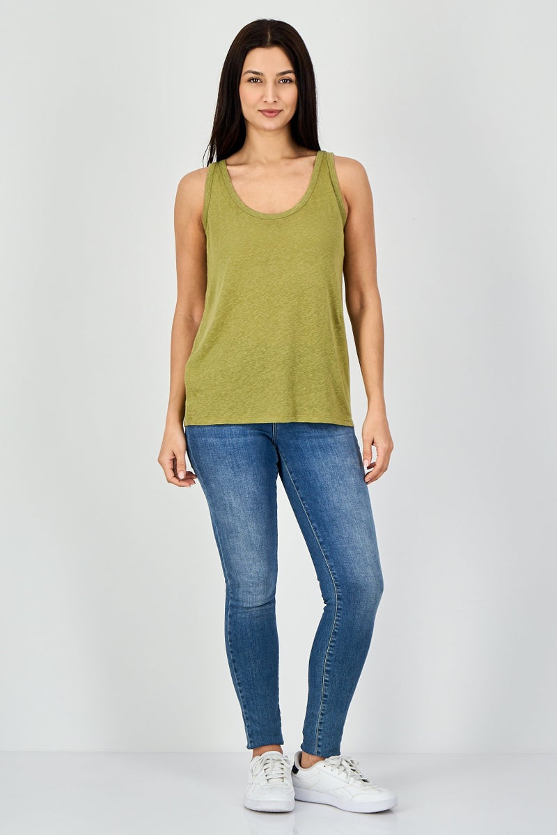 promod Women U-Neck Sleeveless Plain Top, Olive - Image 4
