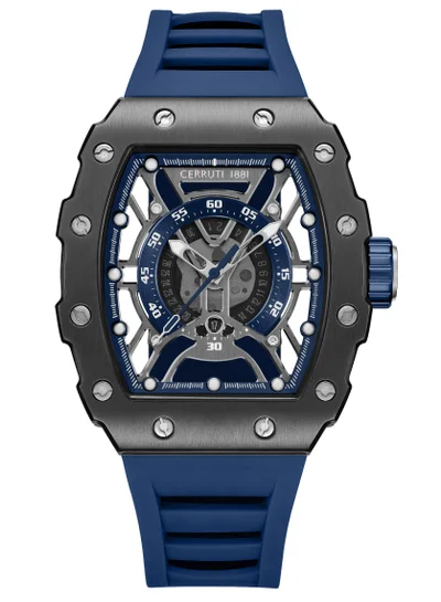 CERRUTI 1881 Men's Cerruti 1881 Gubbio Watch for Men - Gun Tonneau Topring with Gear Edges and Screws, Blue Silicone Strap