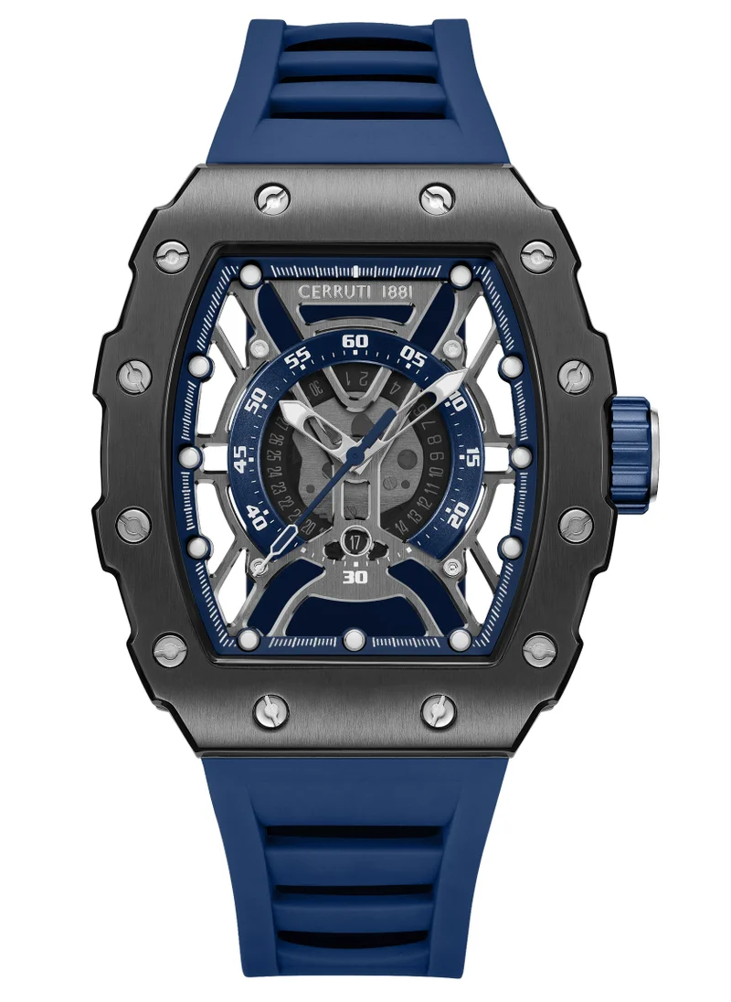 CERRUTI 1881 Cerruti 1881 Gubbio Watch for Men - Gun Tonneau Topring with Gear Edges and Screws, Blue Silicone Strap