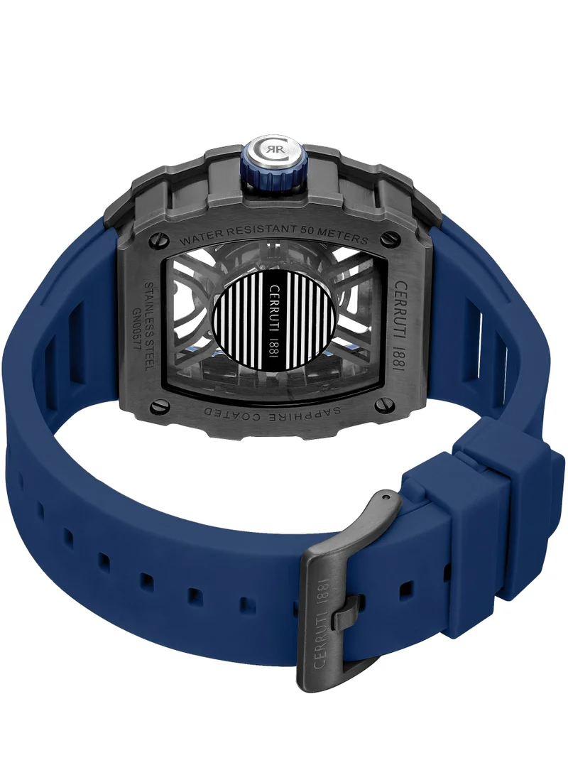 CERRUTI 1881 Men's Cerruti 1881 Gubbio Watch for Men - Gun Tonneau Topring with Gear Edges and Screws, Blue Silicone Strap
