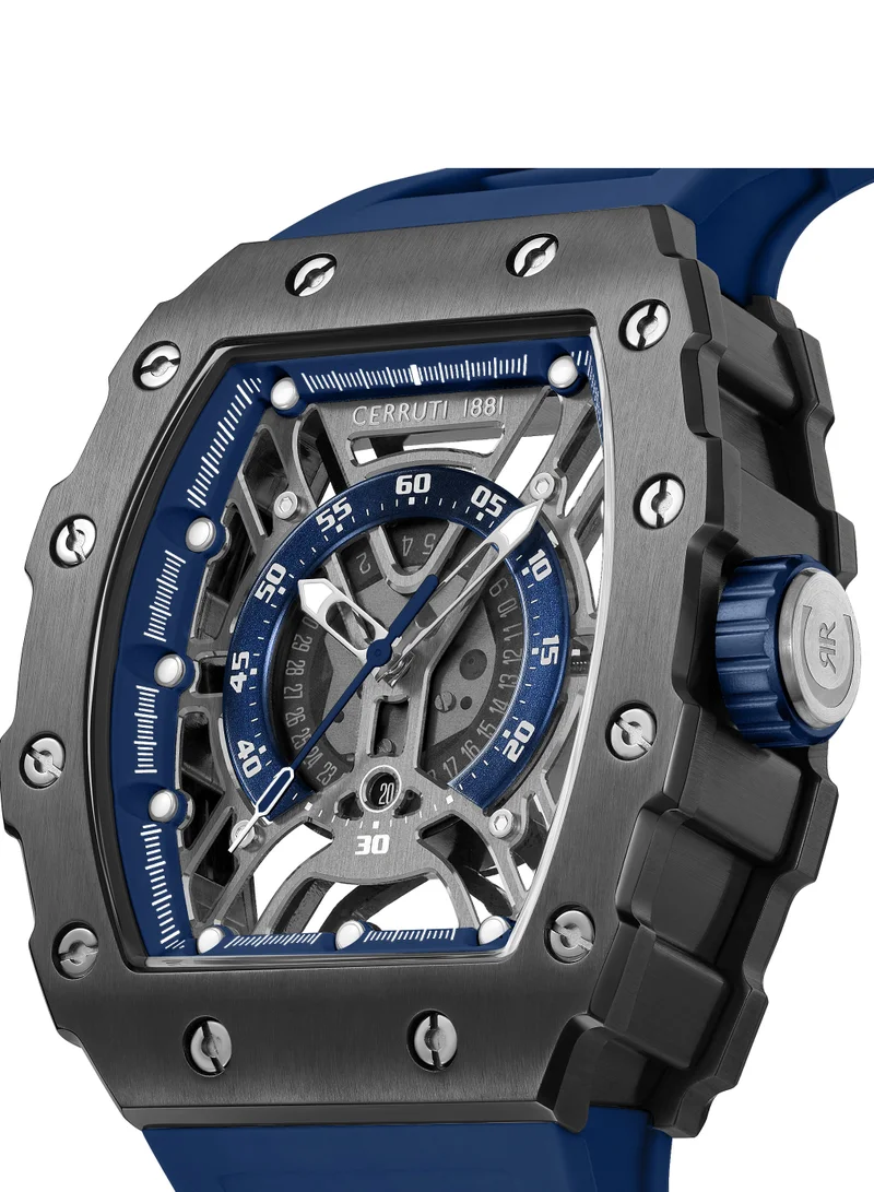 CERRUTI 1881 Men's Cerruti 1881 Gubbio Watch for Men - Gun Tonneau Topring with Gear Edges and Screws, Blue Silicone Strap