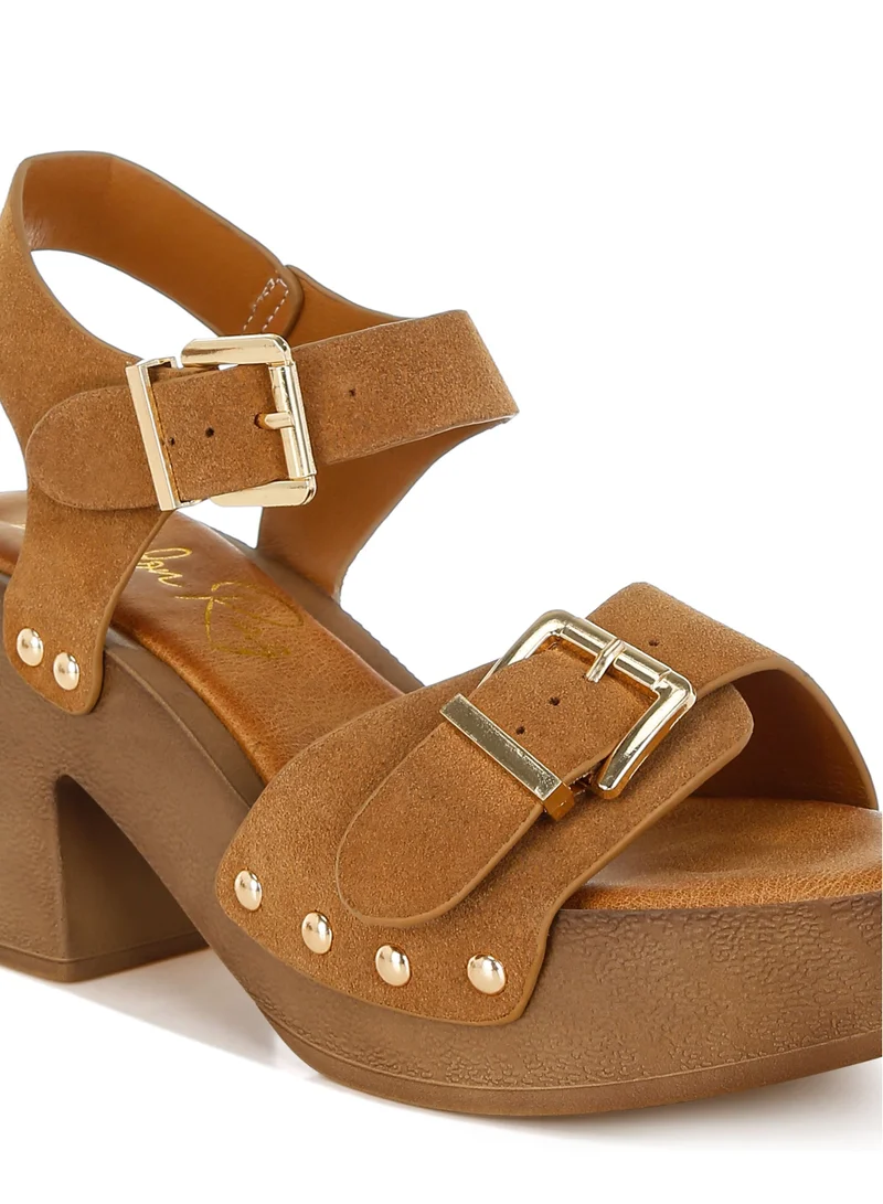 London Rag Real Suede Leather Clog Sandals in Tan