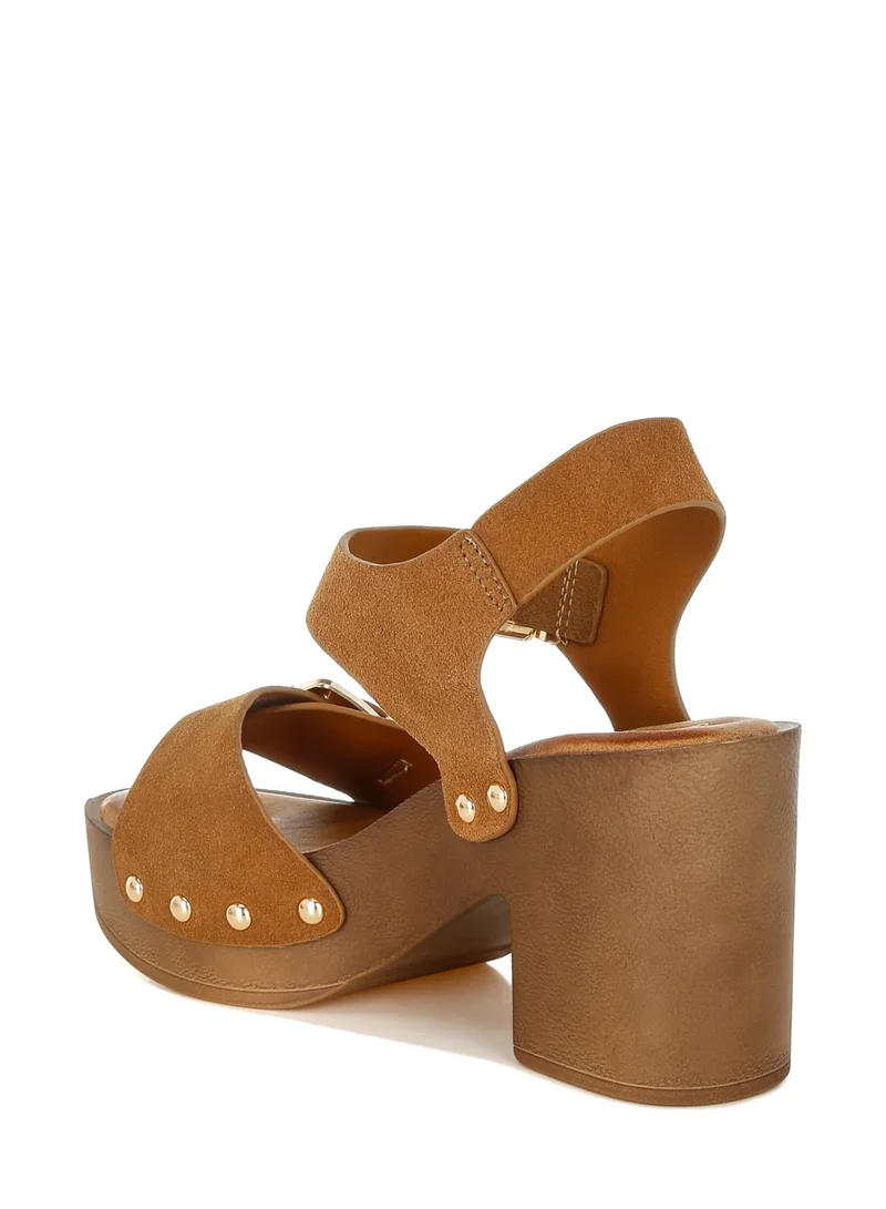 London Rag Real Suede Leather Clog Sandals in Tan