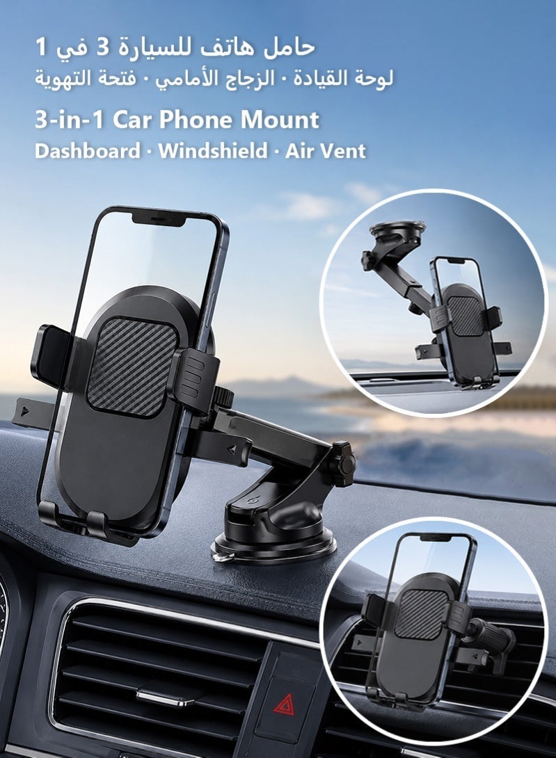 ZAFRA 2-in-1 Car Phone Holder for Dashboard, Windshield & Air Vent, Strong Suction Cup Car Mount with Metal Hook Clip, Anti-Shake 360° Rotatable Telescopic Arm, Fits iPhone, Samsung, Xiaomi & 4.7–7.2" Phones – Black - Image 1