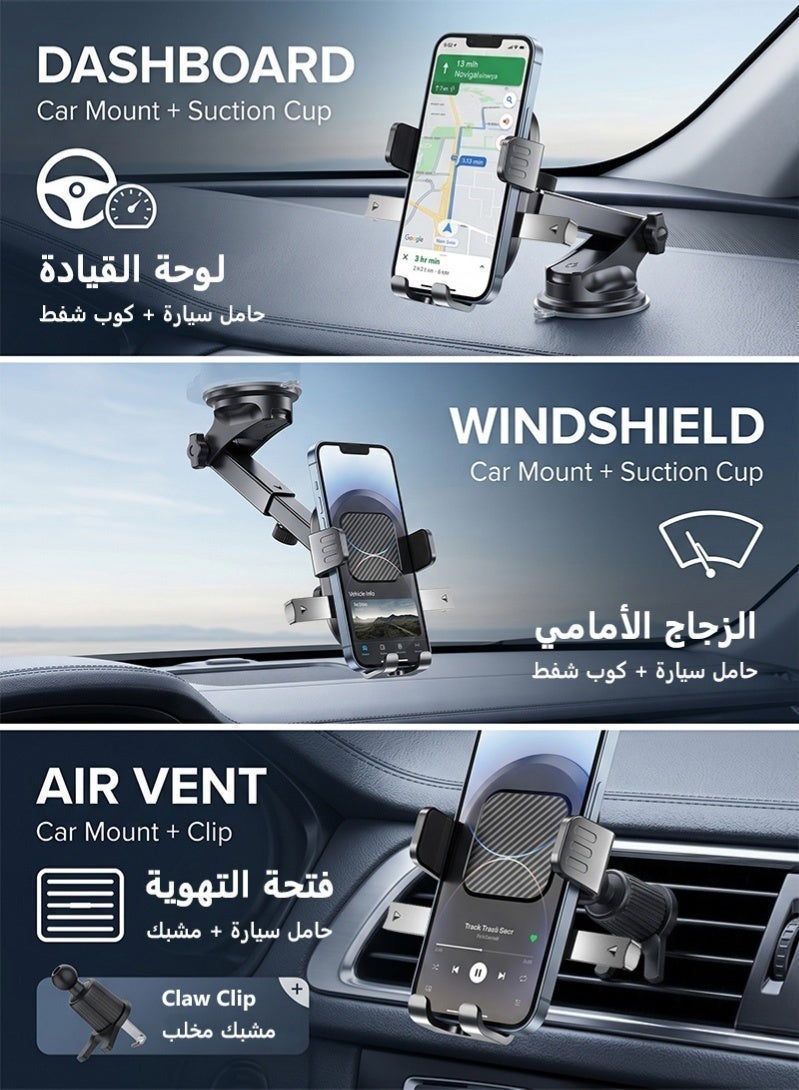ZAFRA 2-in-1 Car Phone Holder for Dashboard, Windshield & Air Vent, Strong Suction Cup Car Mount with Metal Hook Clip, Anti-Shake 360° Rotatable Telescopic Arm, Fits iPhone, Samsung, Xiaomi & 4.7–7.2" Phones – Black - Image 3
