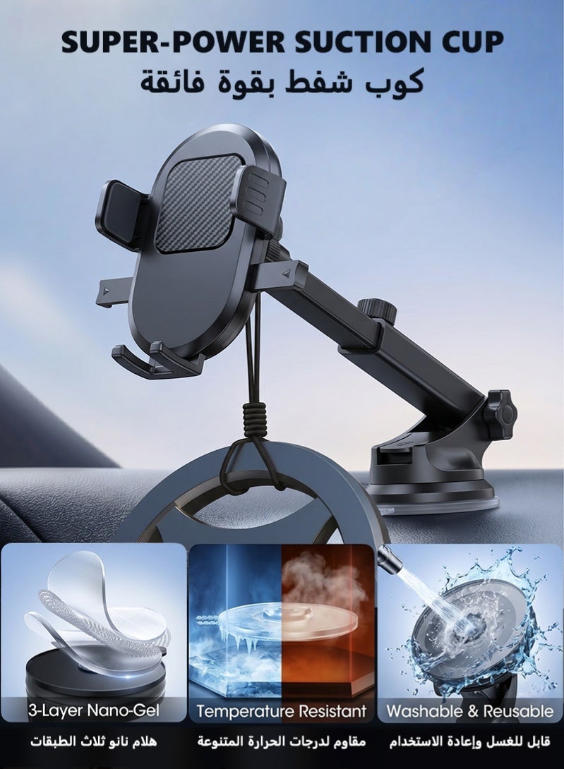 ZAFRA 2-in-1 Car Phone Holder for Dashboard, Windshield & Air Vent, Strong Suction Cup Car Mount with Metal Hook Clip, Anti-Shake 360° Rotatable Telescopic Arm, Fits iPhone, Samsung, Xiaomi & 4.7–7.2" Phones – Black - Image 4