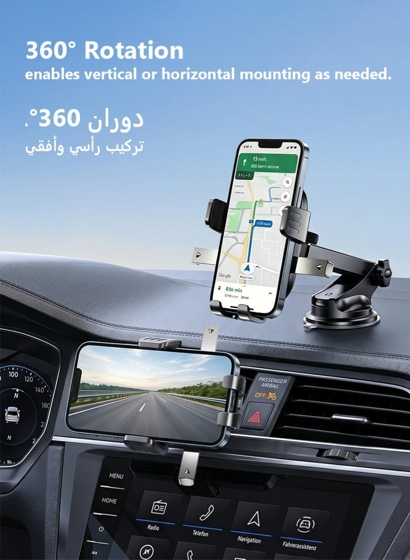 ZAFRA 2-in-1 Car Phone Holder for Dashboard, Windshield & Air Vent, Strong Suction Cup Car Mount with Metal Hook Clip, Anti-Shake 360° Rotatable Telescopic Arm, Fits iPhone, Samsung, Xiaomi & 4.7–7.2" Phones – Black - Image 2