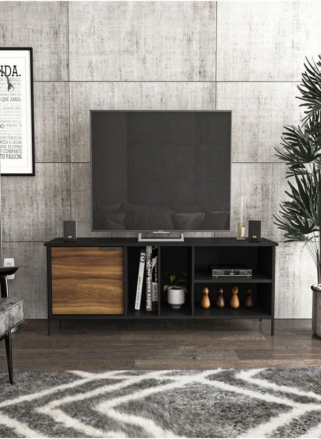 POLITORNO MOVEIS TV Stand Table For TV Up To 75 Inch Storage Shelves Drawers Black Color 160x48.5x35.5 cm  - Image 1