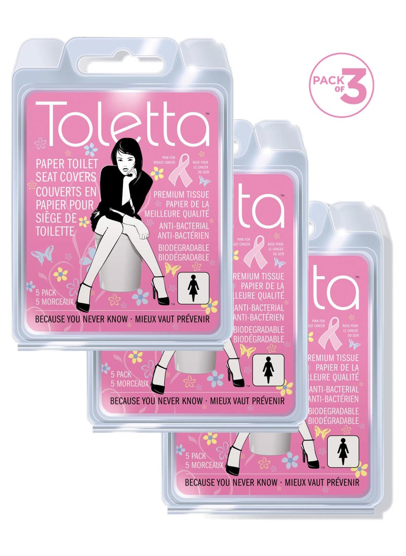 Toletta - Toletta Disposable Toilet Seat Covers, protects from germs, Large and thick 3-Ply Biodegradable paper, for travel, work, school and family, 5 toilet covers – Pack of 3 bags - Image 1