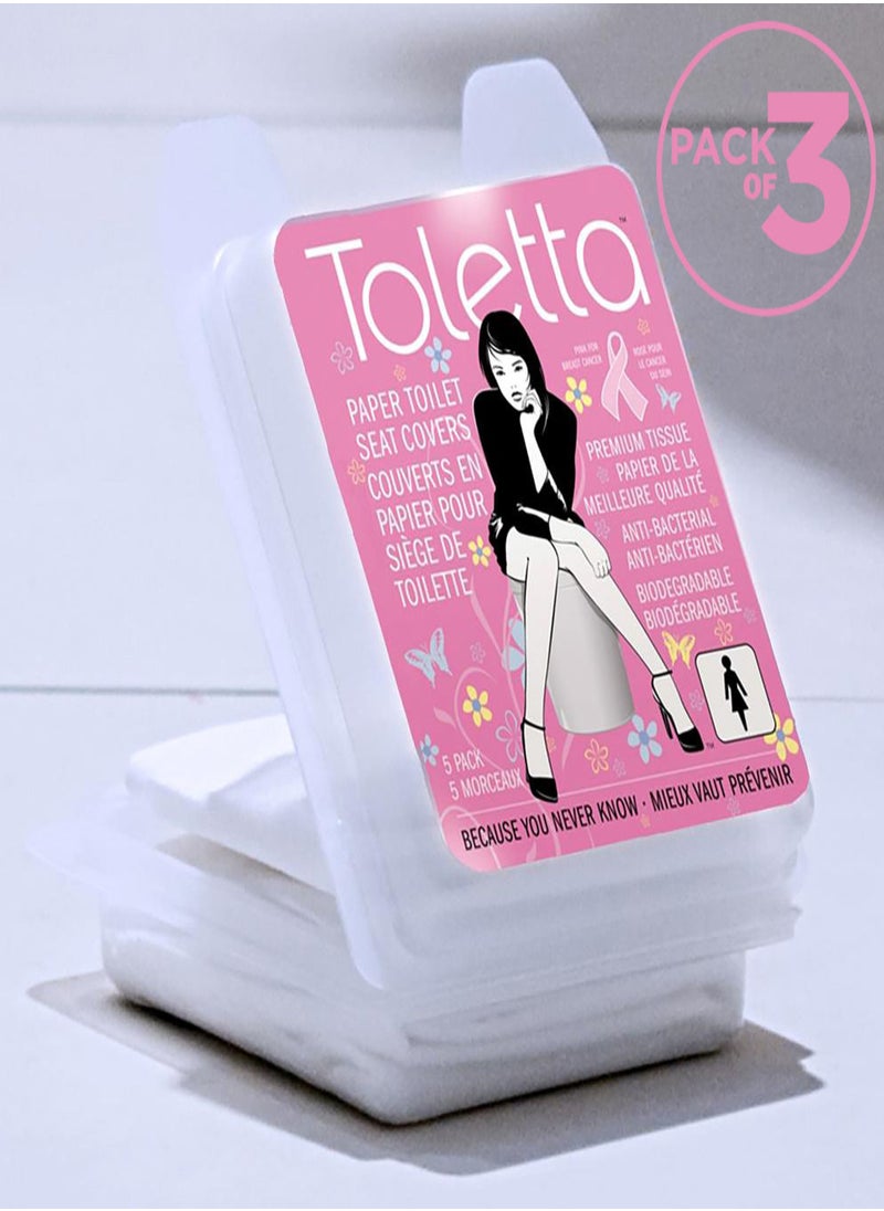 Toletta - Toletta Disposable Toilet Seat Covers, protects from germs, Large and thick 3-Ply Biodegradable paper, for travel, work, school and family, 5 toilet covers – Pack of 3 bags - Image 1