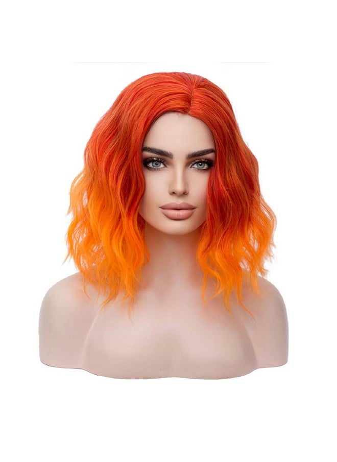 MAGQOO Orange Flame Fire Wig Side Part Short Curly Wavy Hair Wigs Synthetic Heat Resistant Cosplay Costume Party Wigs (Orange Ombre Women Girls)  - Image 1