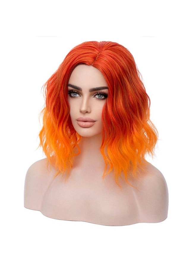 MAGQOO Orange Flame Fire Wig Side Part Short Curly Wavy Hair Wigs Synthetic Heat Resistant Cosplay Costume Party Wigs (Orange Ombre Women Girls)  - Image 4