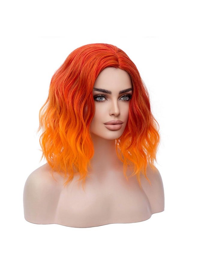 MAGQOO Orange Flame Fire Wig Side Part Short Curly Wavy Hair Wigs Synthetic Heat Resistant Cosplay Costume Party Wigs (Orange Ombre Women Girls)  - Image 3