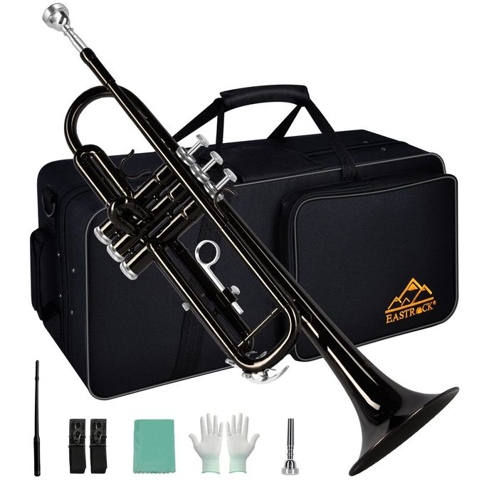 EASTROCK Bb Trumpet Standard Trumpet Set With Carrying Case,Gloves, 7C Mouthpiece And Cleaning Kit (Black) - Image 1