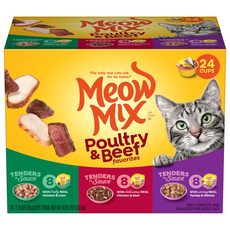 Meow Mix Tenders in Sauce Wet Cat Food, Poultry & Beef Variety Pack, 2.75 Ounce Cup (Pack of 24) - Image 1