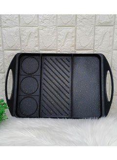 A flat grill with a base that distributes heat throughout the grill. The grill is divided into 3 compartments, each compartment has a different use so you can diversify your food at one time.