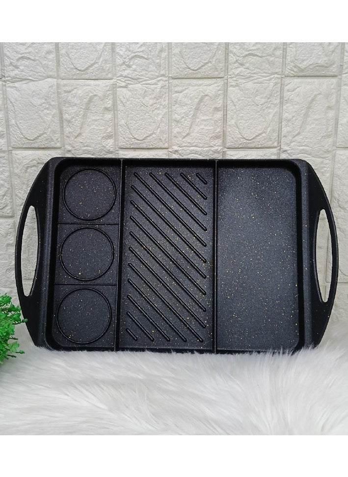 Generic A flat grill with a base that distributes heat throughout the grill. The grill is divided into 3 compartments, each compartment has a different use so you can diversify your food at one time.  - Image 1