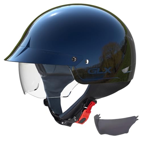 GLX M14 Cruiser Scooter Motorcycle Half Open Face Helmet with Free Tinted Retractable Visor DOT Approved (Black, Small) - Image 1