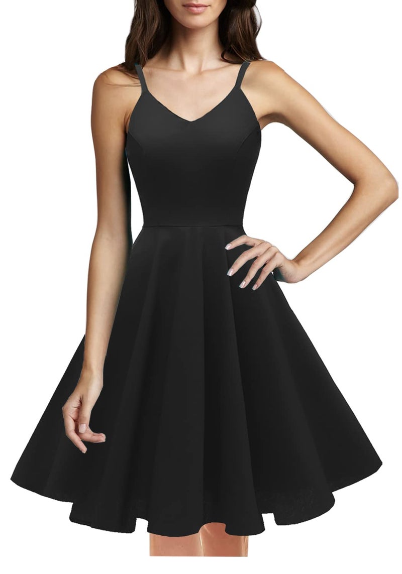 GOOBGS Women's 1950s Retro Vintage Spaghetti Strap Cocktail Swing Dresses with Pockets Black XS - Image 2