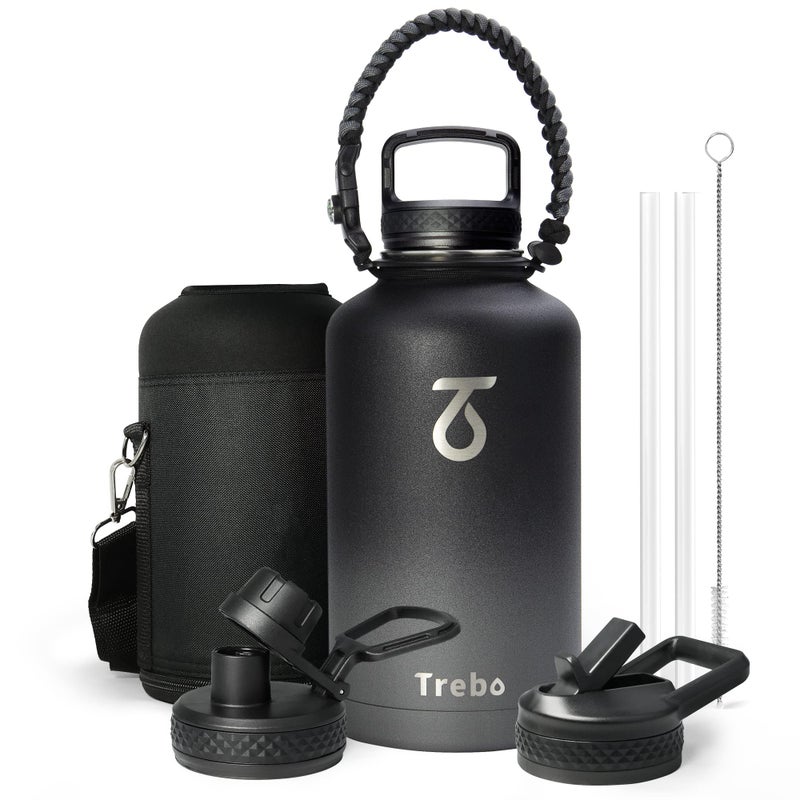 Trebo Water Bottle 64oz with Paracord Handle Half Gallon Large Vacuum Double Wall Stainless Steel Insulated Water Jug with Straw Spout Handle Lids Leakproof BPAFree Keep Cold  Hot Dark Gray
