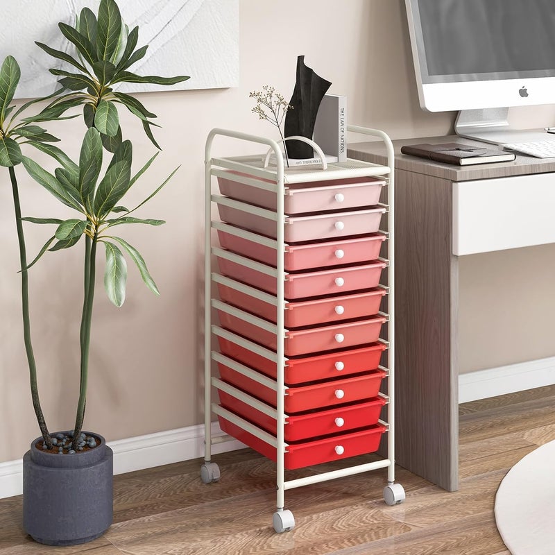 OFFICEJOY Storage Cart, Rolling Utility Cart with 10 Drawers, Portable Handles & Lockable Wheels, Mobile Paper Toys Storage Organizer Large Capacity for Home Office School Teacher (Gradient Pink) - Image 2