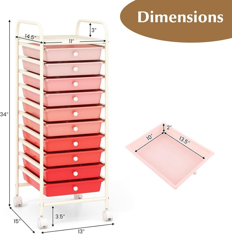OFFICEJOY Storage Cart, Rolling Utility Cart with 10 Drawers, Portable Handles & Lockable Wheels, Mobile Paper Toys Storage Organizer Large Capacity for Home Office School Teacher (Gradient Pink) - Image 1