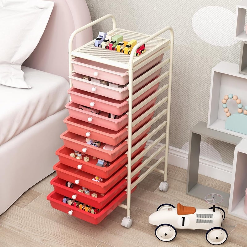 OFFICEJOY Storage Cart, Rolling Utility Cart with 10 Drawers, Portable Handles & Lockable Wheels, Mobile Paper Toys Storage Organizer Large Capacity for Home Office School Teacher (Gradient Pink) - Image 3