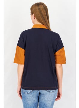 Aigle Women Pointed Collar Short Sleeve Colorblock Polo Shirt, Navy/Brown Combo  - Image 3