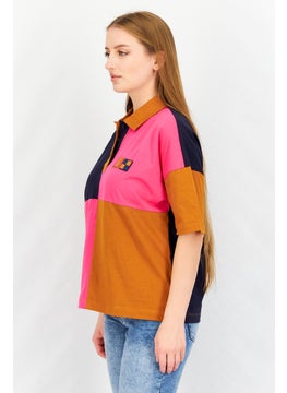 Aigle Women Pointed Collar Short Sleeve Colorblock Polo Shirt, Navy/Brown Combo  - Image 4